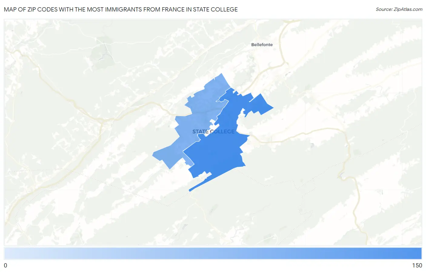 Zip Codes with the Most Immigrants from France in State College Map