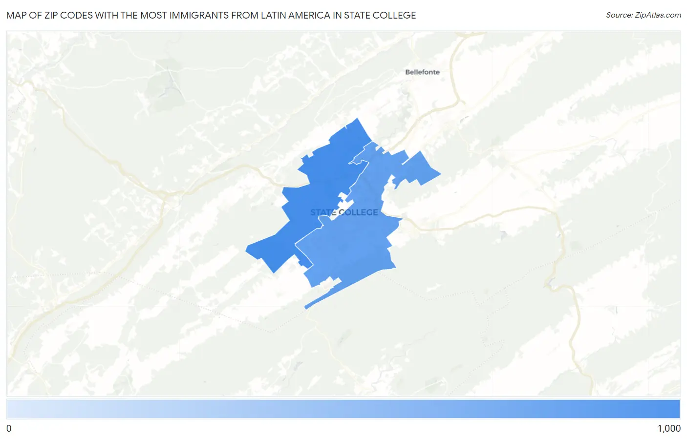 Zip Codes with the Most Immigrants from Latin America in State College Map