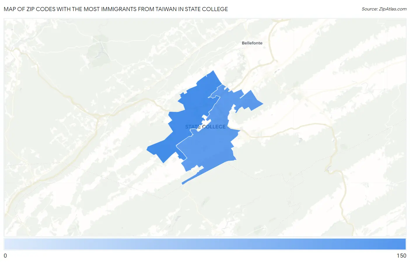 Zip Codes with the Most Immigrants from Taiwan in State College Map