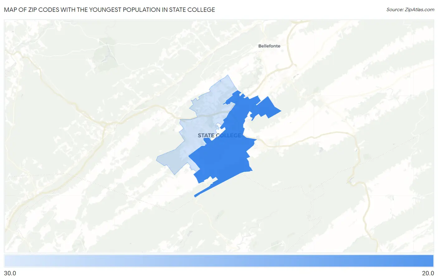 Zip Codes with the Youngest Population in State College Map