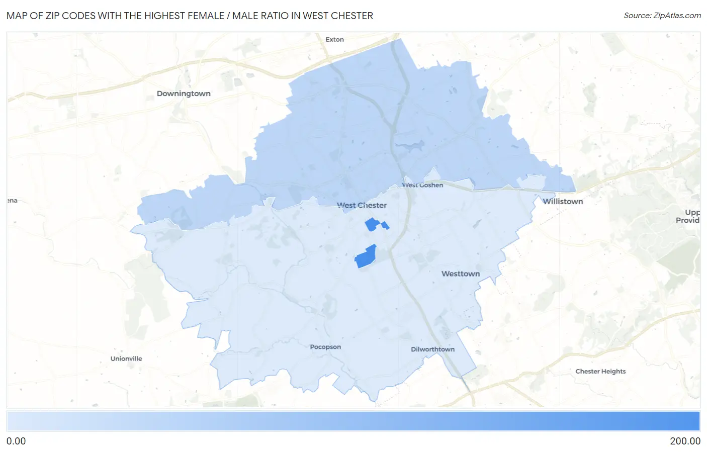 Zip Codes with the Highest Female / Male Ratio in West Chester Map
