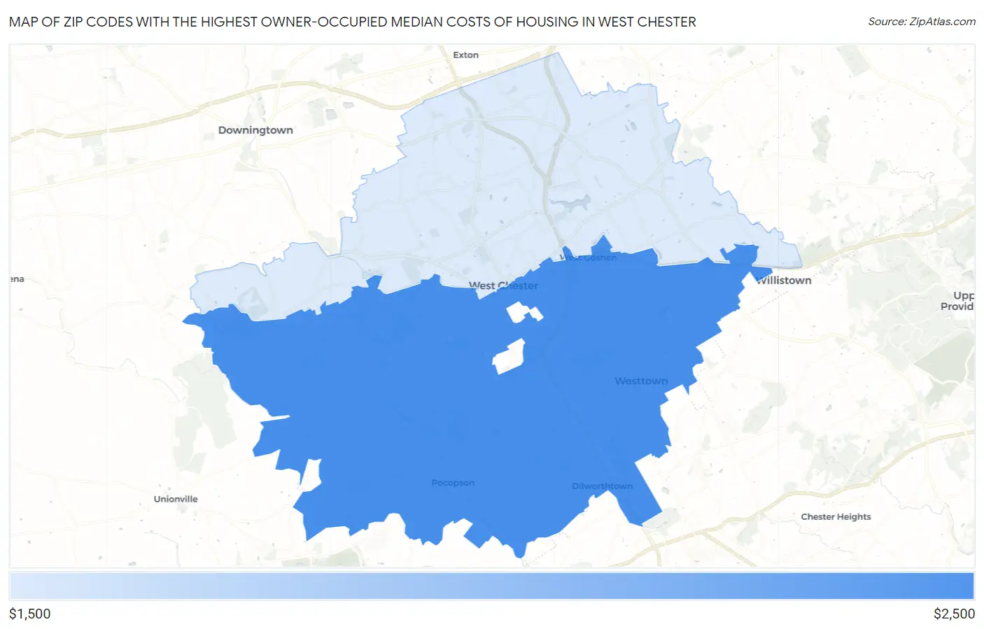 Zip Codes with the Highest Owner-Occupied Median Costs of Housing in West Chester Map