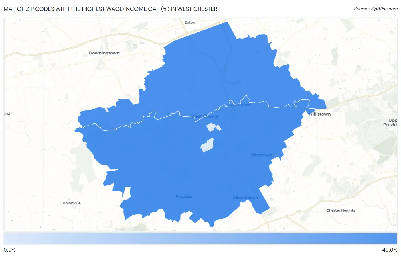 Zip Codes with the Highest Wage/Income Gap (%) in West Chester Map