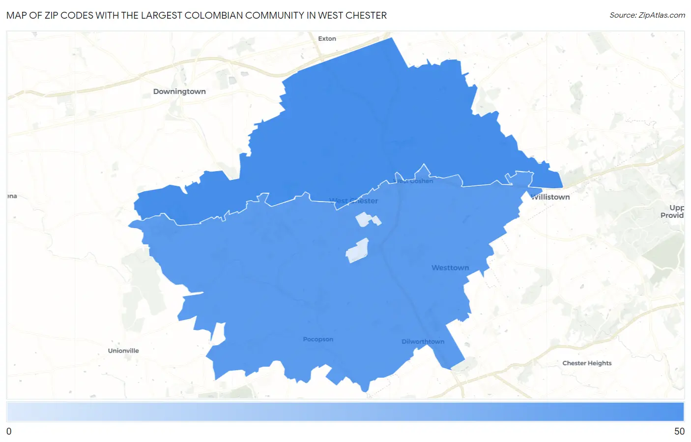 Zip Codes with the Largest Colombian Community in West Chester Map