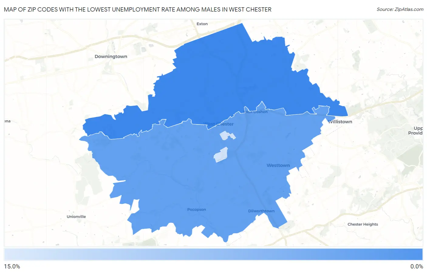 Zip Codes with the Lowest Unemployment Rate Among Males in West Chester Map