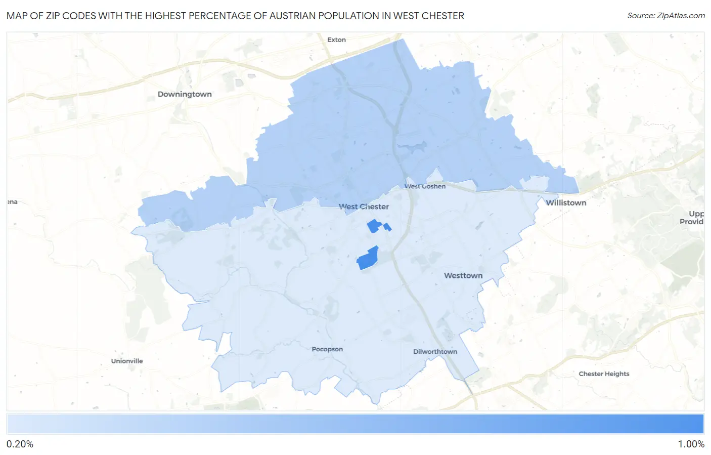 Zip Codes with the Highest Percentage of Austrian Population in West Chester Map