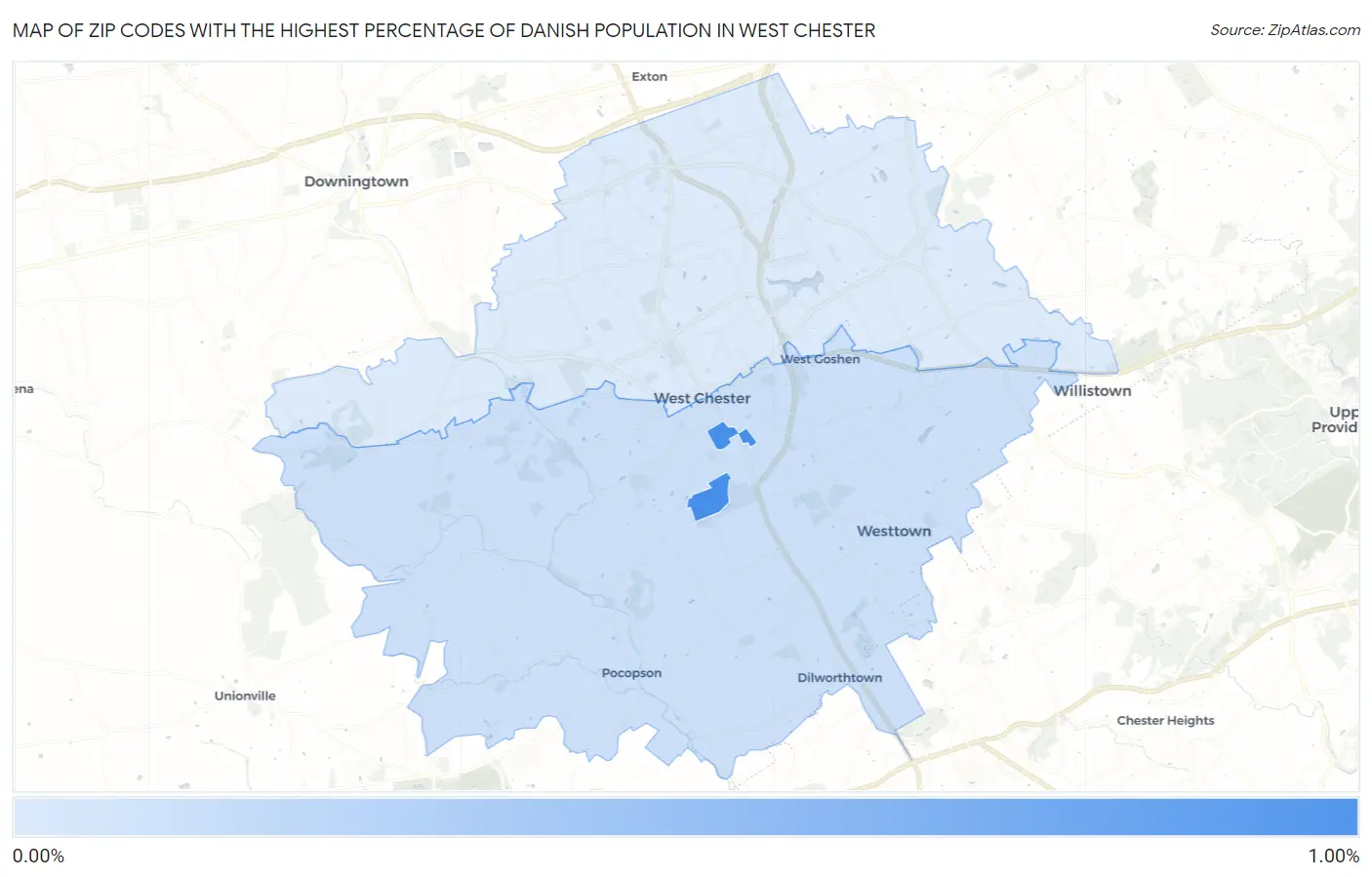 Zip Codes with the Highest Percentage of Danish Population in West Chester Map