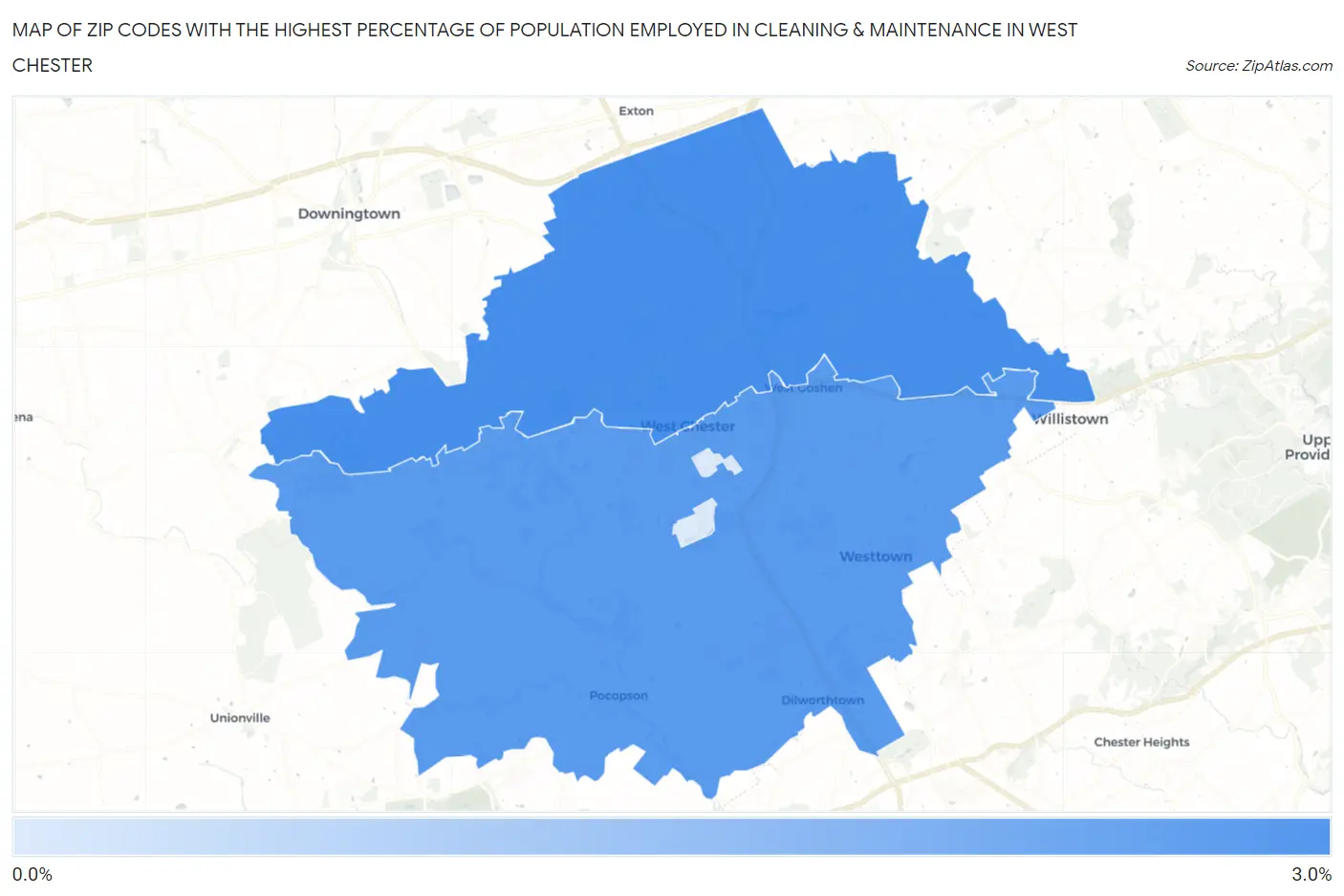 Zip Codes with the Highest Percentage of Population Employed in Cleaning & Maintenance in West Chester Map