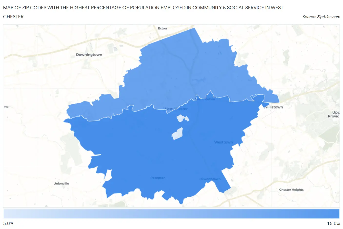 Zip Codes with the Highest Percentage of Population Employed in Community & Social Service  in West Chester Map