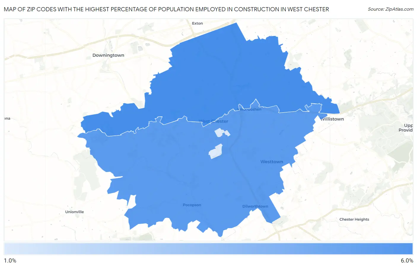 Zip Codes with the Highest Percentage of Population Employed in Construction in West Chester Map