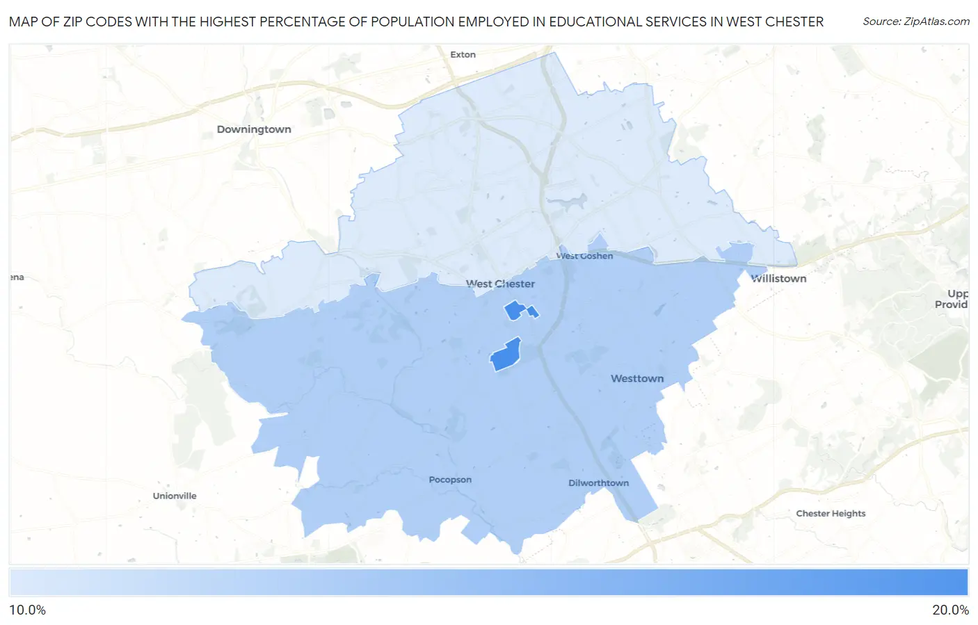 Zip Codes with the Highest Percentage of Population Employed in Educational Services in West Chester Map