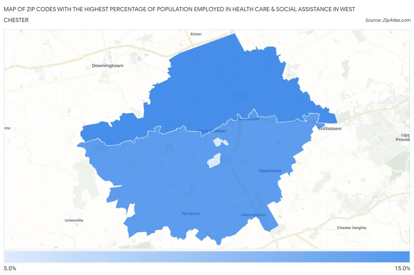 Zip Codes with the Highest Percentage of Population Employed in Health Care & Social Assistance in West Chester Map
