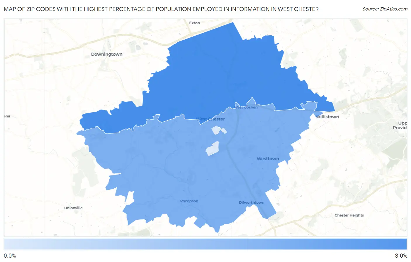 Zip Codes with the Highest Percentage of Population Employed in Information in West Chester Map