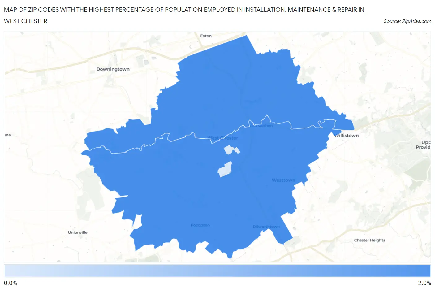 Zip Codes with the Highest Percentage of Population Employed in Installation, Maintenance & Repair in West Chester Map