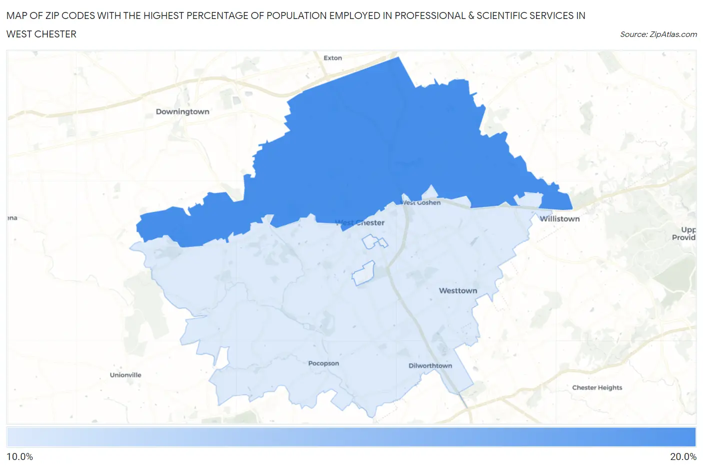 Zip Codes with the Highest Percentage of Population Employed in Professional & Scientific Services in West Chester Map
