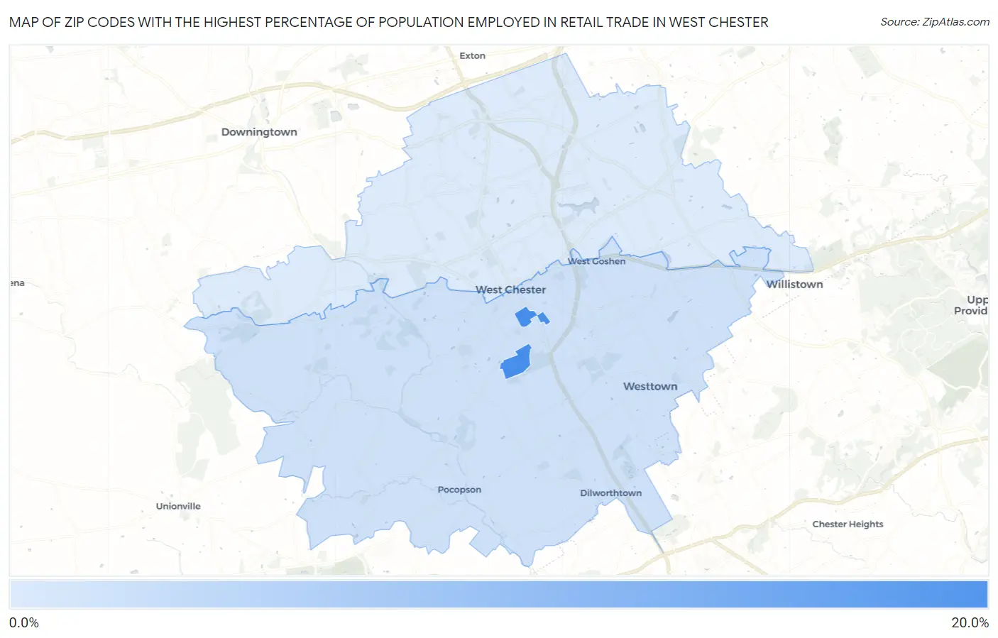 Zip Codes with the Highest Percentage of Population Employed in Retail Trade in West Chester Map