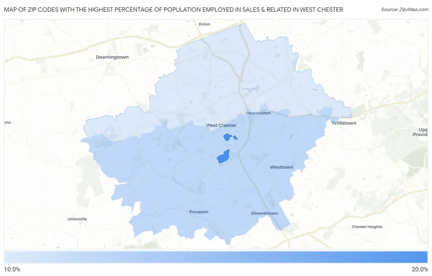 Zip Codes with the Highest Percentage of Population Employed in Sales & Related in West Chester Map