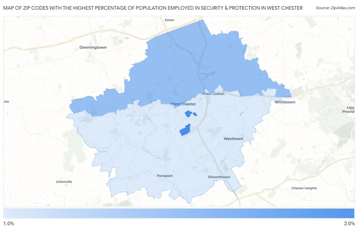 Zip Codes with the Highest Percentage of Population Employed in Security & Protection in West Chester Map