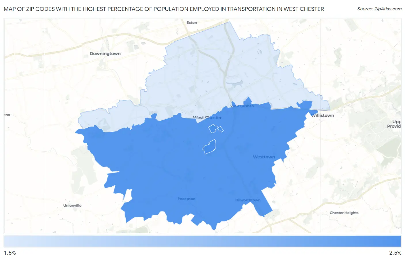Zip Codes with the Highest Percentage of Population Employed in Transportation in West Chester Map