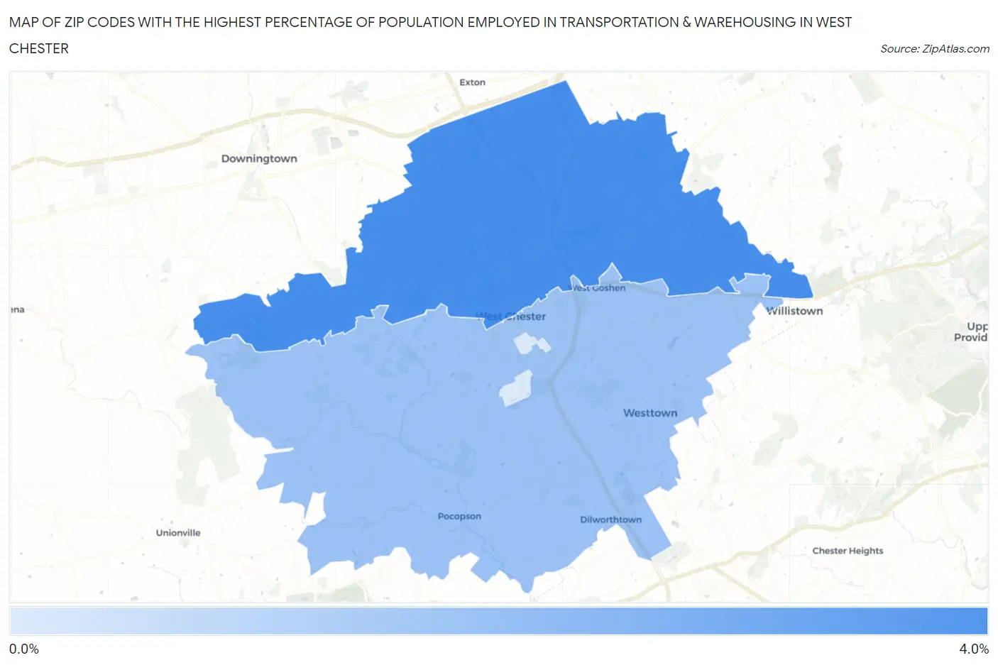 Zip Codes with the Highest Percentage of Population Employed in Transportation & Warehousing in West Chester Map