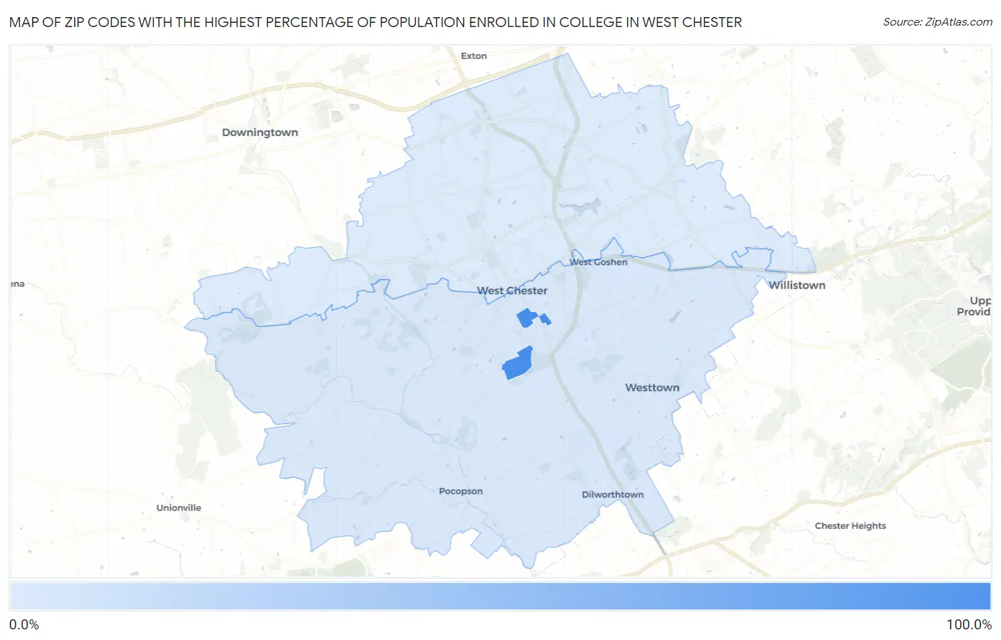 Zip Codes with the Highest Percentage of Population Enrolled in College in West Chester Map