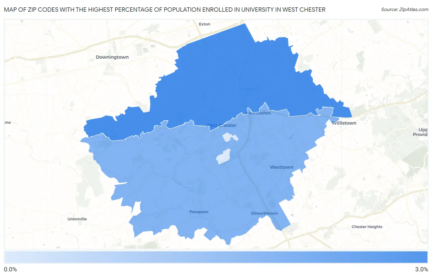 Zip Codes with the Highest Percentage of Population Enrolled in University in West Chester Map