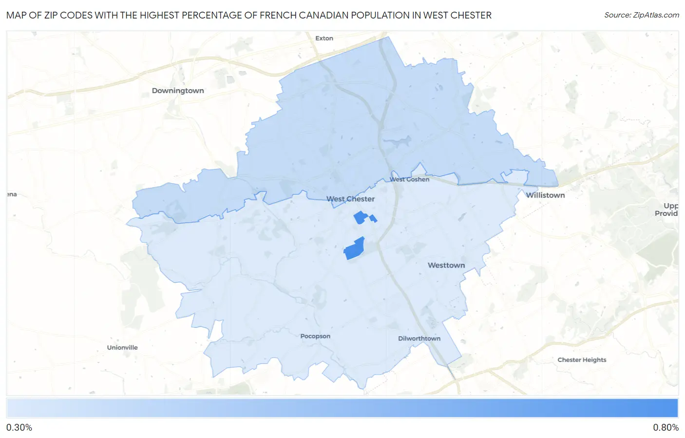 Zip Codes with the Highest Percentage of French Canadian Population in West Chester Map