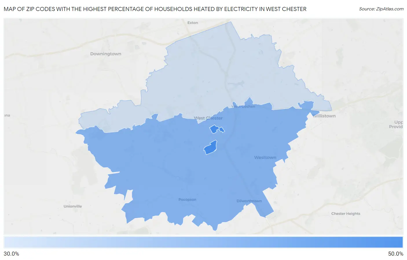 Zip Codes with the Highest Percentage of Households Heated by Electricity in West Chester Map