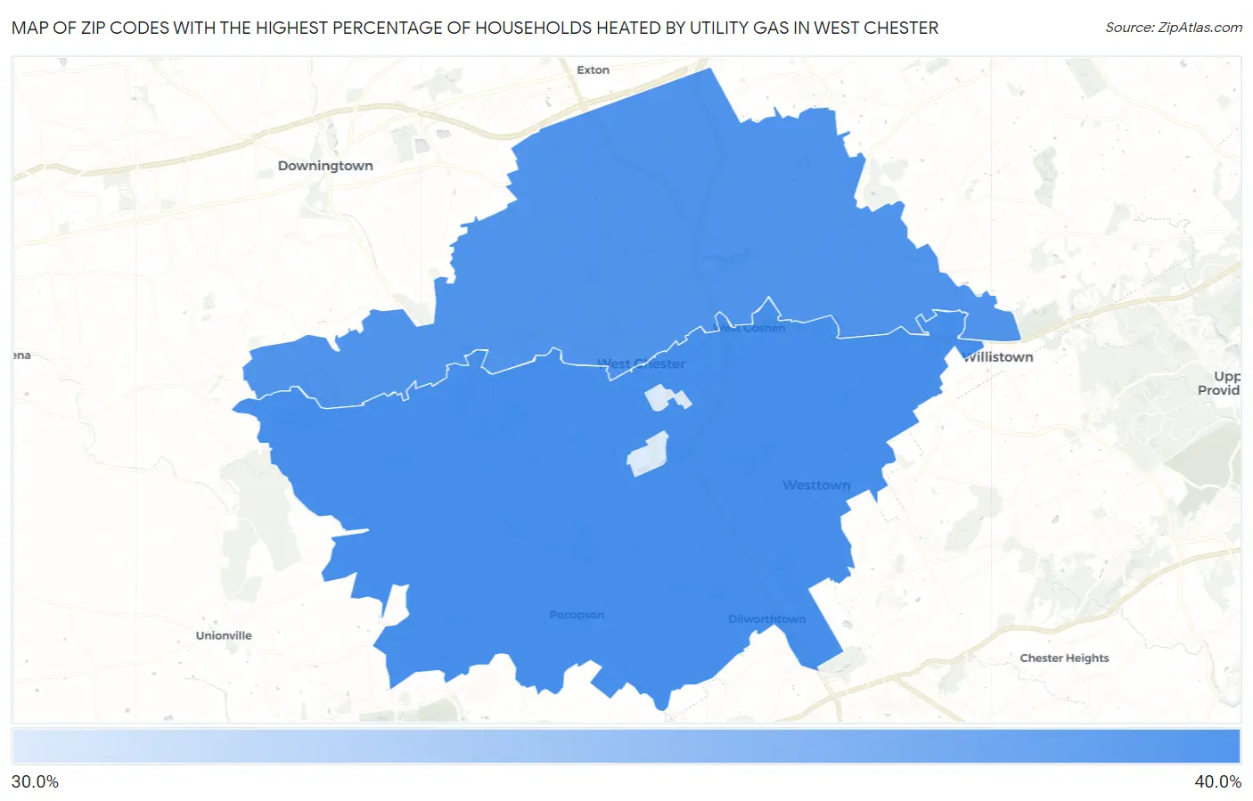 Zip Codes with the Highest Percentage of Households Heated by Utility Gas in West Chester Map