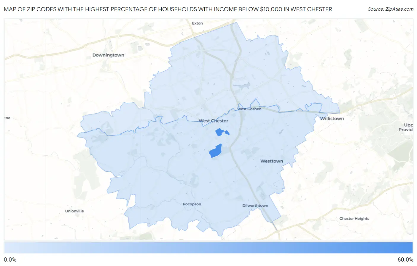 Zip Codes with the Highest Percentage of Households with Income Below $10,000 in West Chester Map