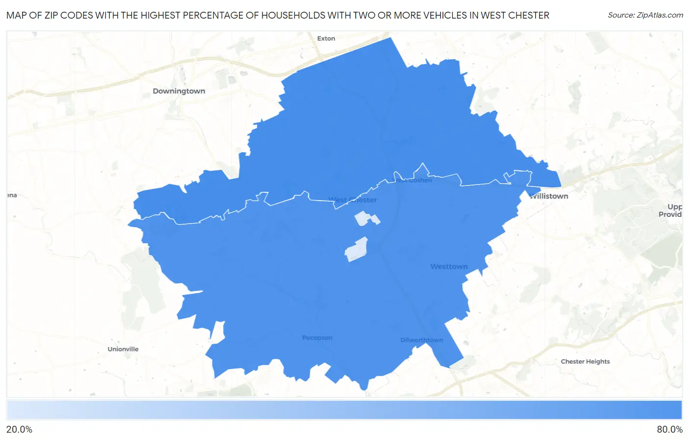 Zip Codes with the Highest Percentage of Households With Two or more Vehicles in West Chester Map