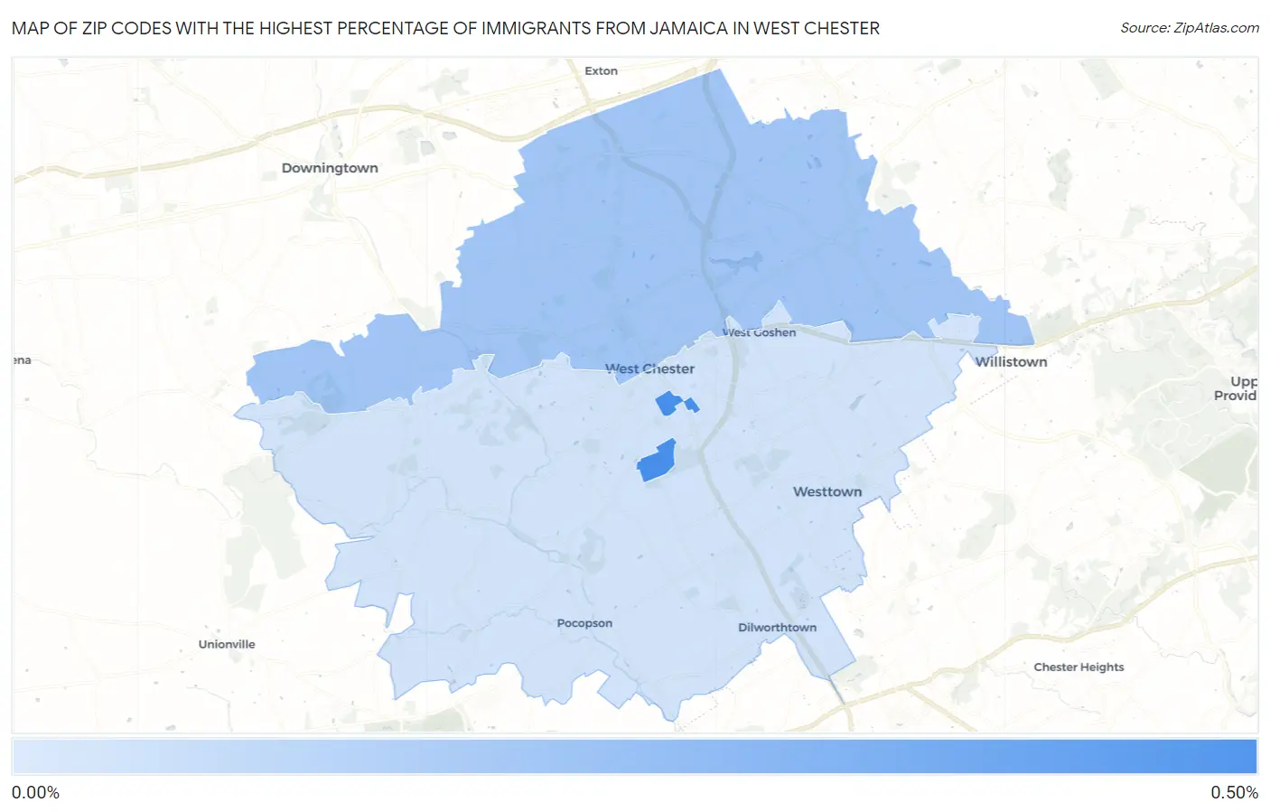Zip Codes with the Highest Percentage of Immigrants from Jamaica in West Chester Map