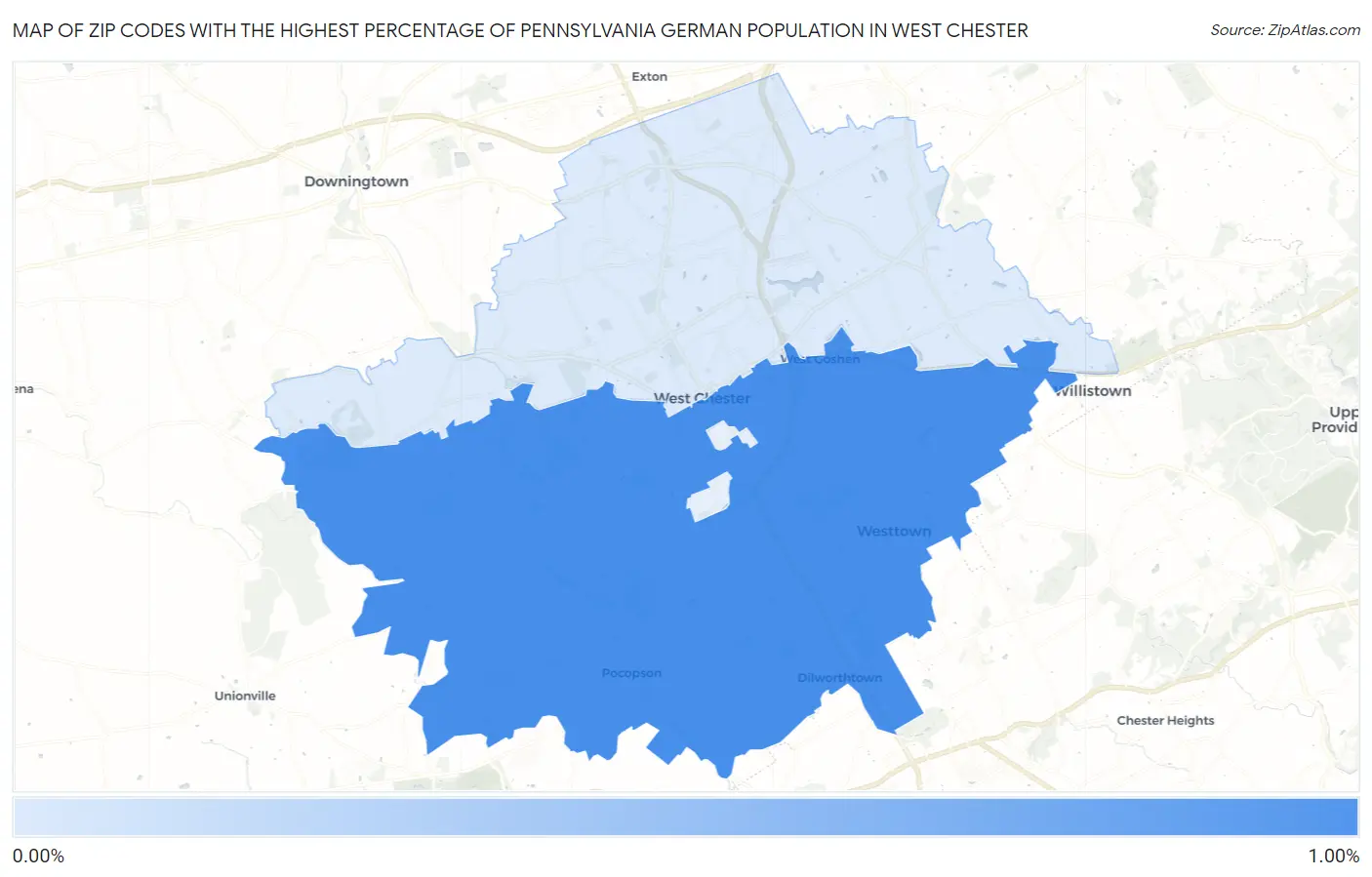 Zip Codes with the Highest Percentage of Pennsylvania German Population in West Chester Map