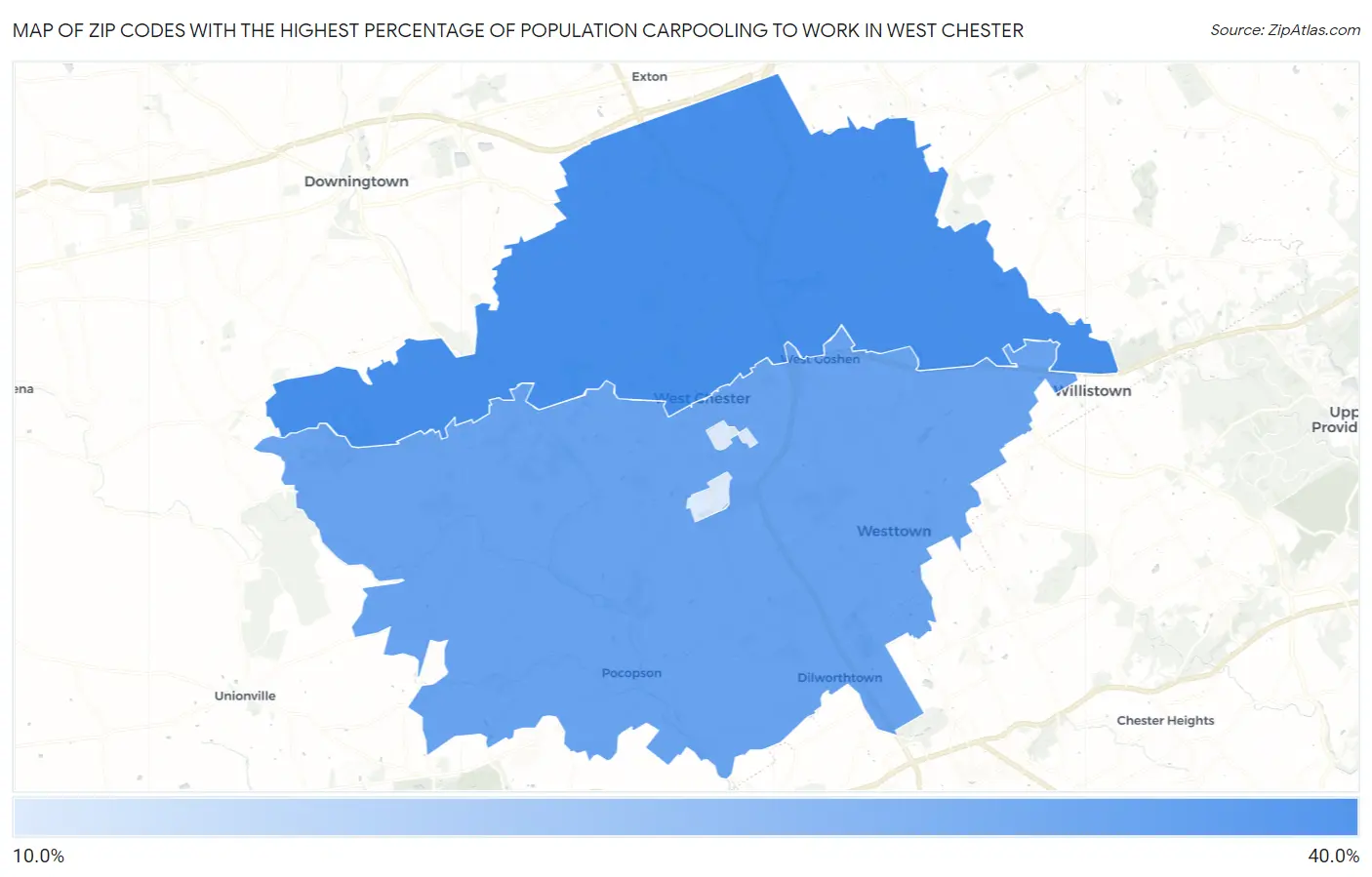 Zip Codes with the Highest Percentage of Population Carpooling to Work in West Chester Map