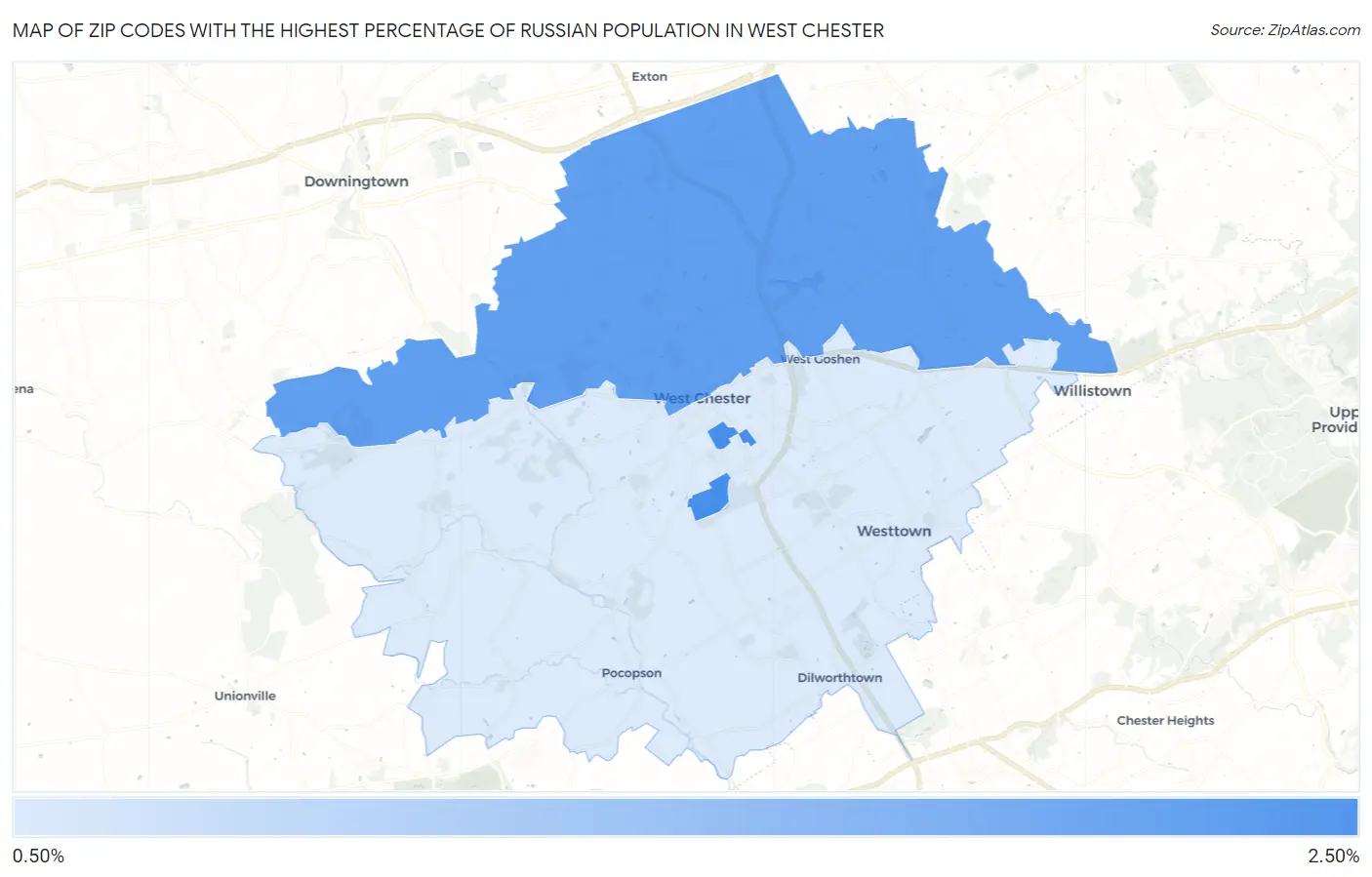 Zip Codes with the Highest Percentage of Russian Population in West Chester Map