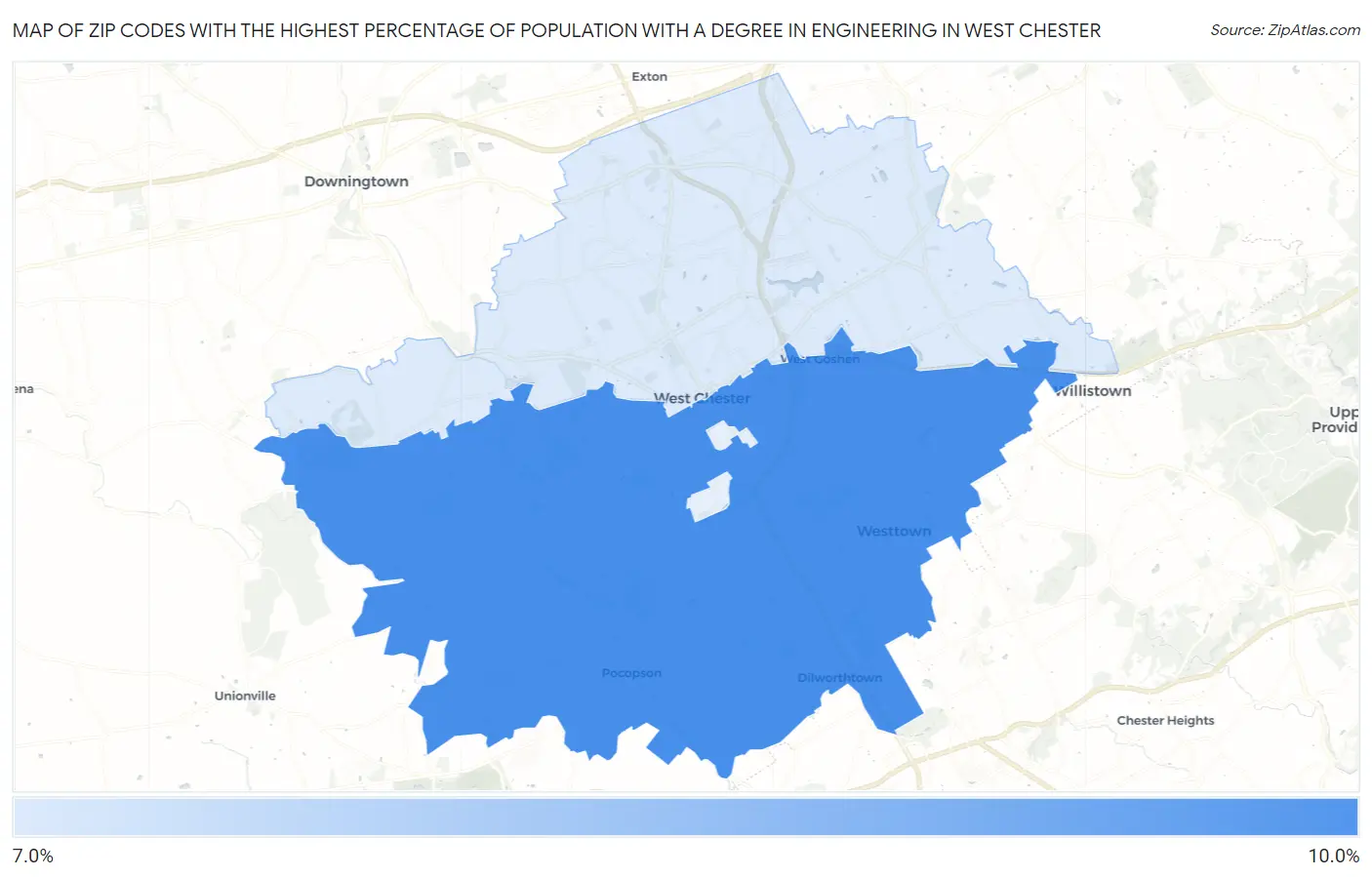 Zip Codes with the Highest Percentage of Population with a Degree in Engineering in West Chester Map