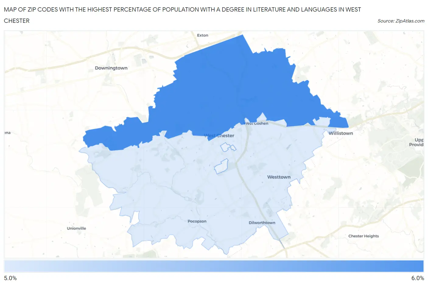 Zip Codes with the Highest Percentage of Population with a Degree in Literature and Languages in West Chester Map
