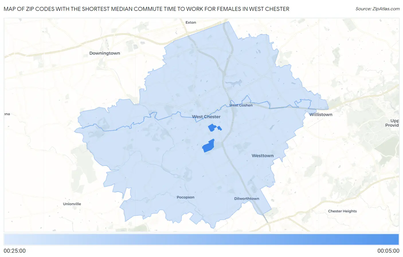 Zip Codes with the Shortest Median Commute Time to Work for Females in West Chester Map