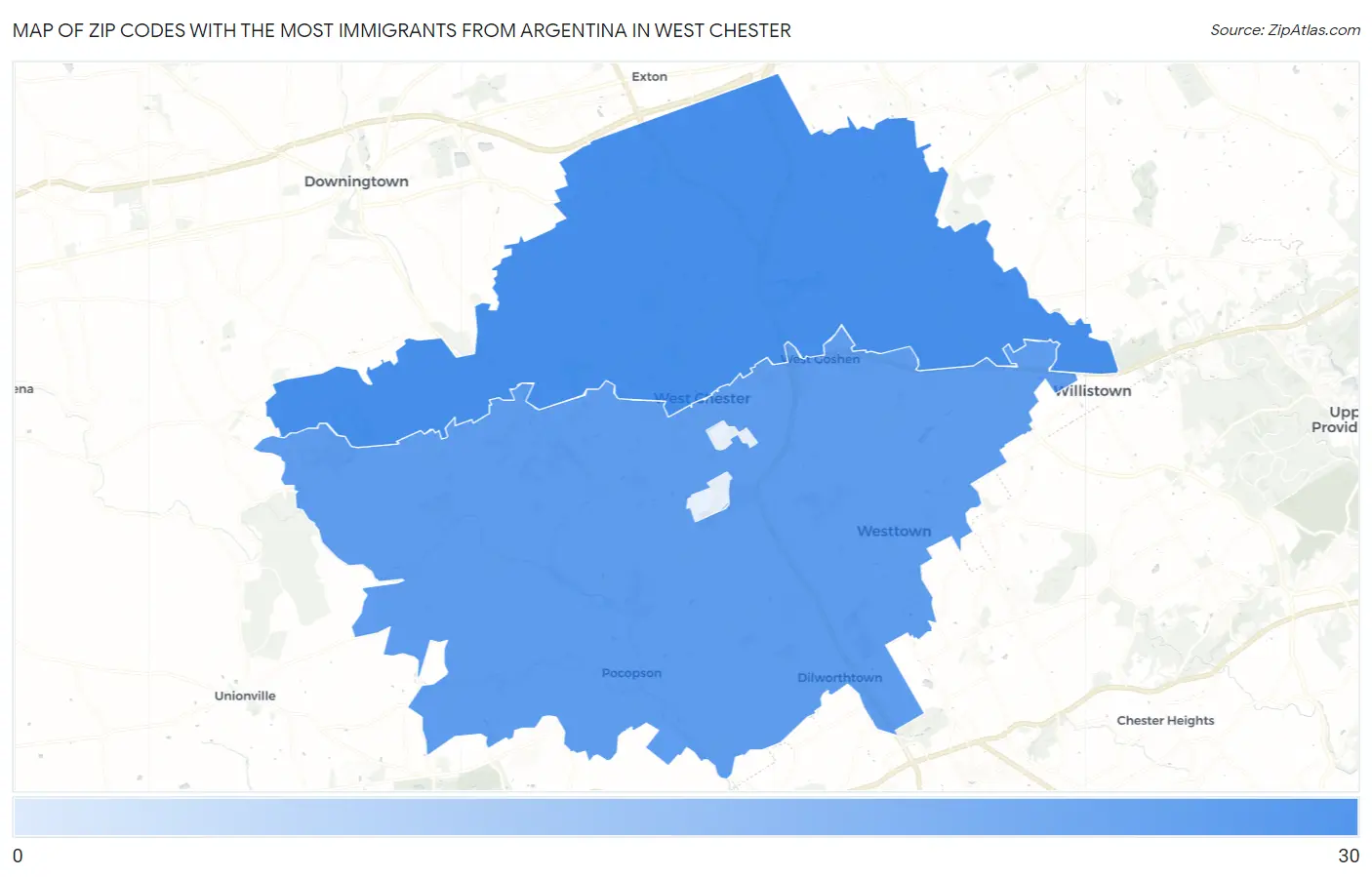 Zip Codes with the Most Immigrants from Argentina in West Chester Map