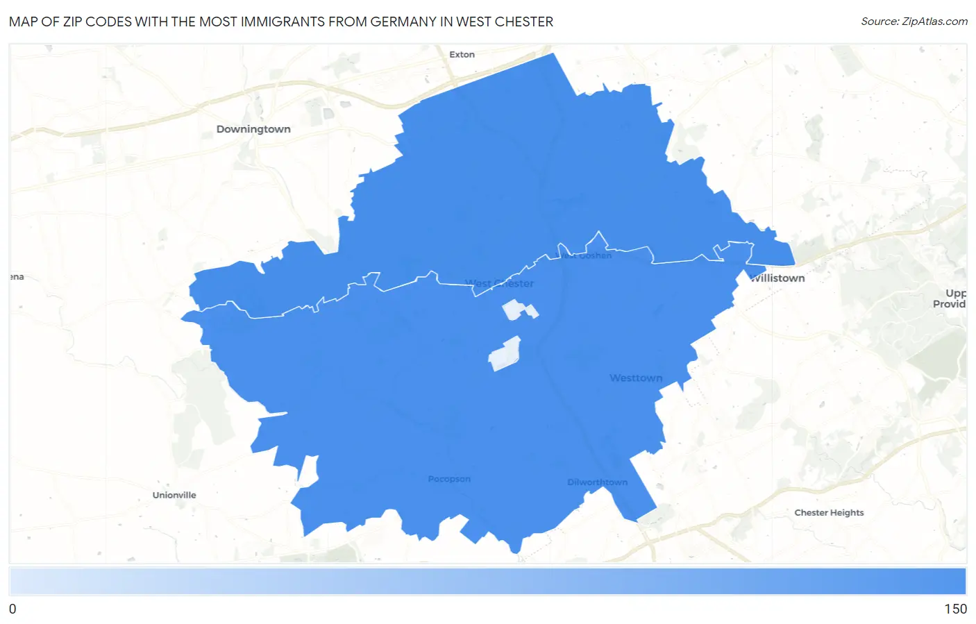 Zip Codes with the Most Immigrants from Germany in West Chester Map