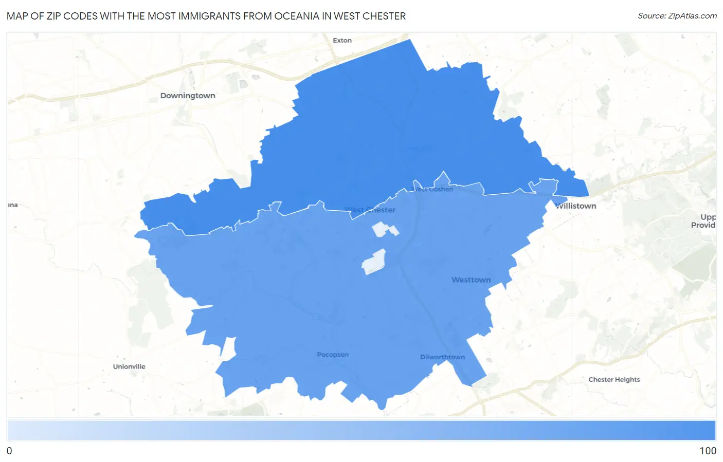 Zip Codes with the Most Immigrants from Oceania in West Chester Map