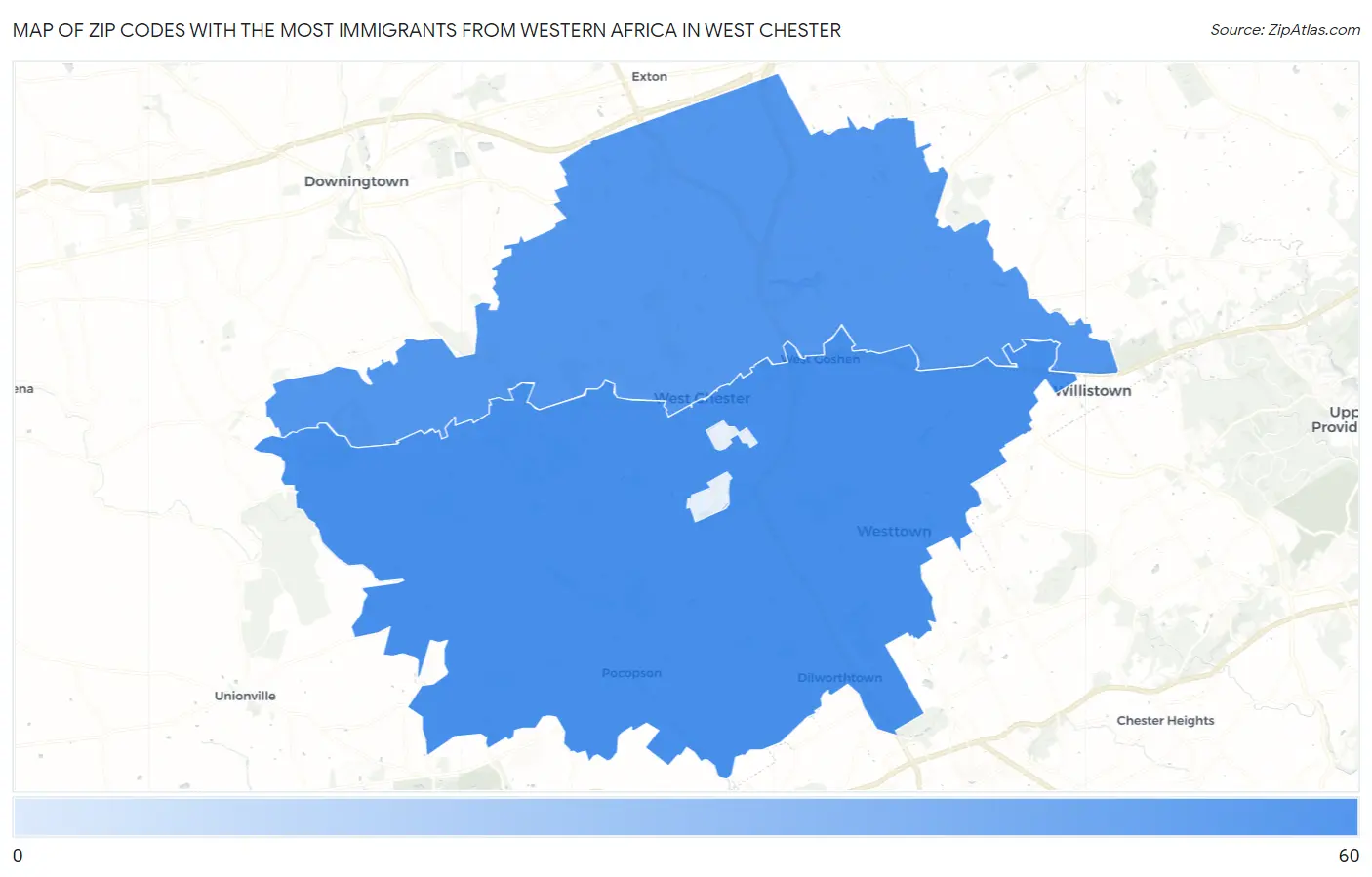 Zip Codes with the Most Immigrants from Western Africa in West Chester Map