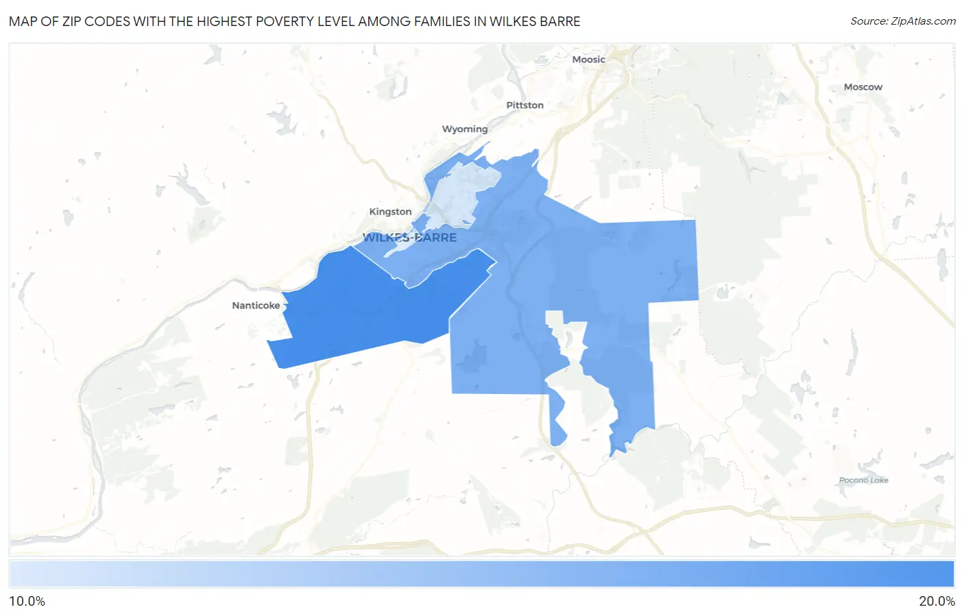 Zip Codes with the Highest Poverty Level Among Families in Wilkes Barre Map