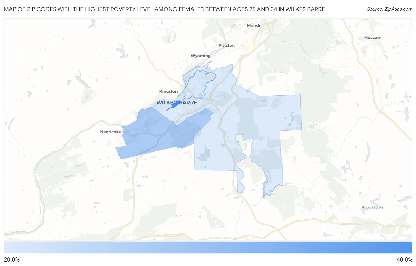 Zip Codes with the Highest Poverty Level Among Females Between Ages 25 and 34 in Wilkes Barre Map