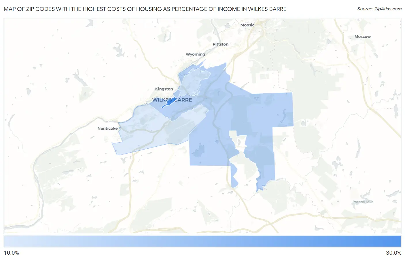 Zip Codes with the Highest Costs of Housing as Percentage of Income in Wilkes Barre Map