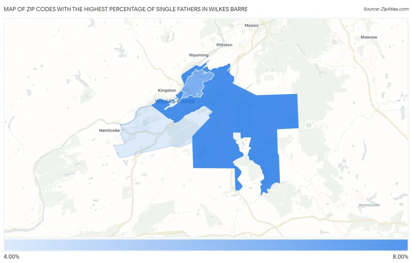 Zip Codes with the Highest Percentage of Single Fathers in Wilkes Barre Map