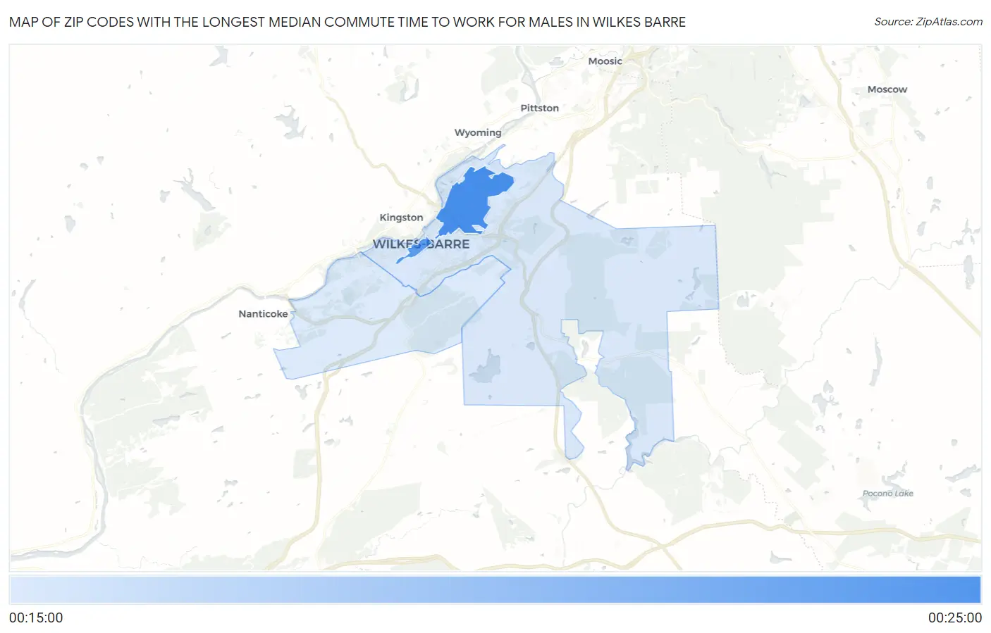 Zip Codes with the Longest Median Commute Time to Work for Males in Wilkes Barre Map