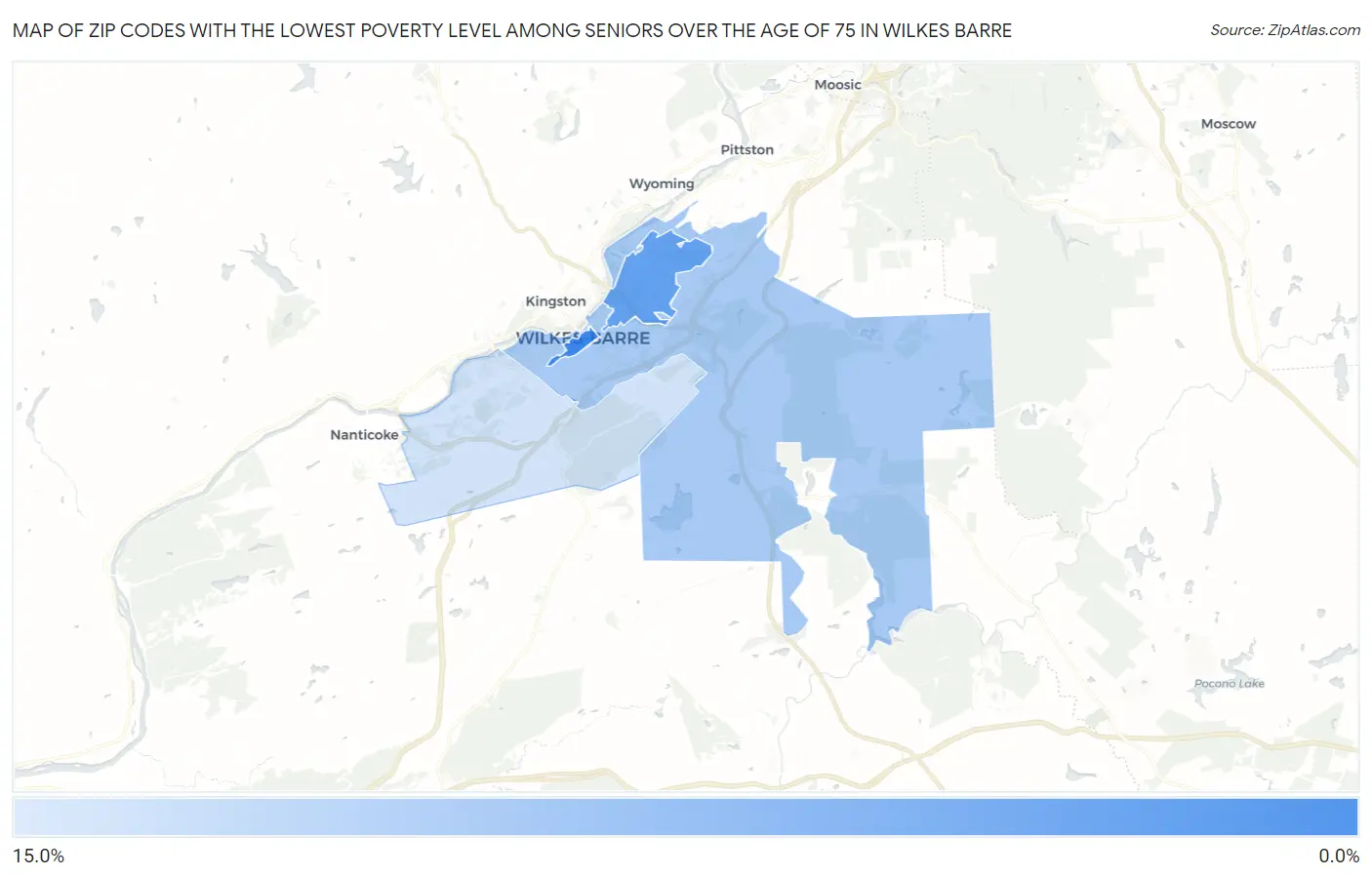 Zip Codes with the Lowest Poverty Level Among Seniors Over the Age of 75 in Wilkes Barre Map