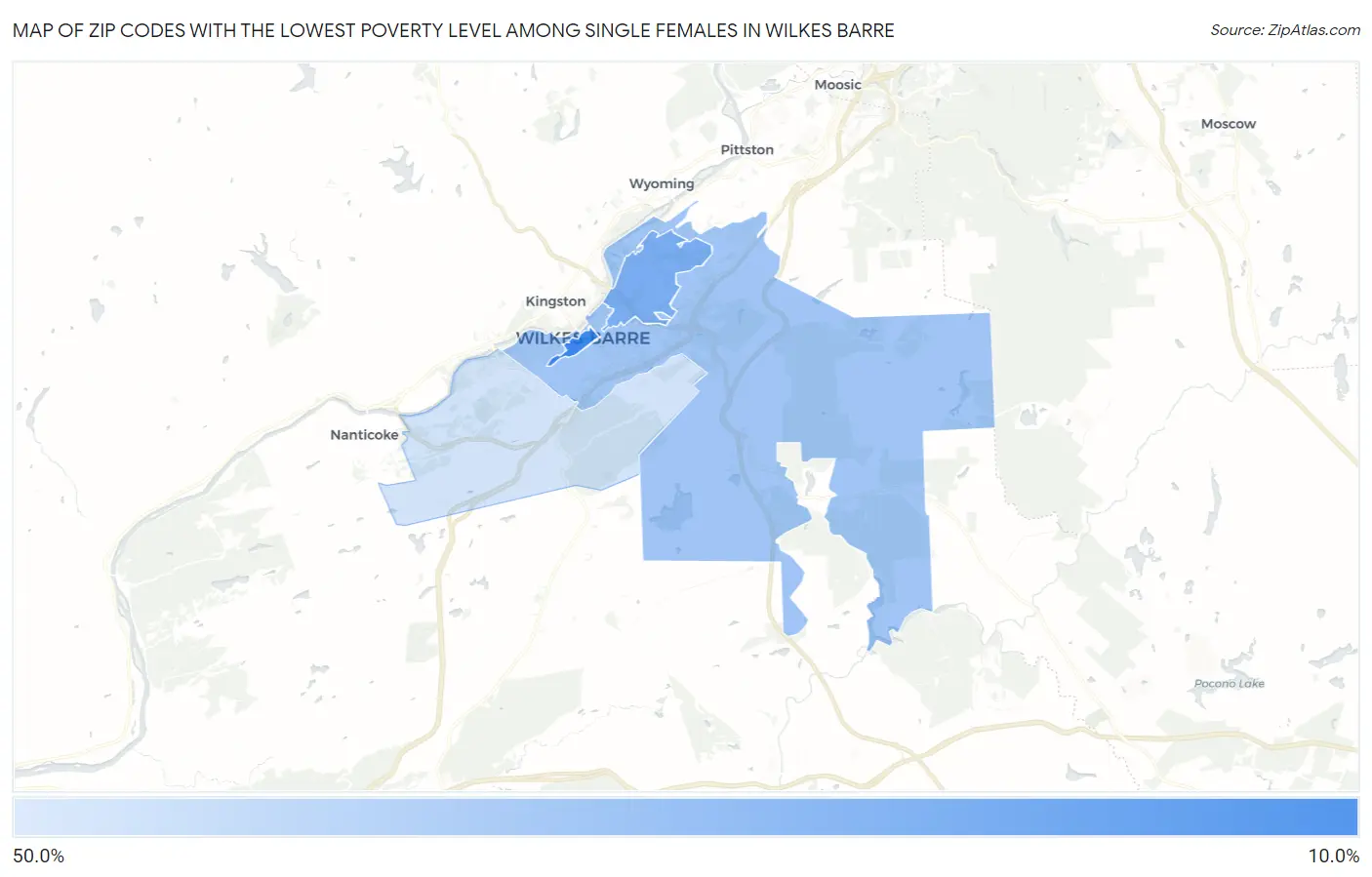 Zip Codes with the Lowest Poverty Level Among Single Females in Wilkes Barre Map