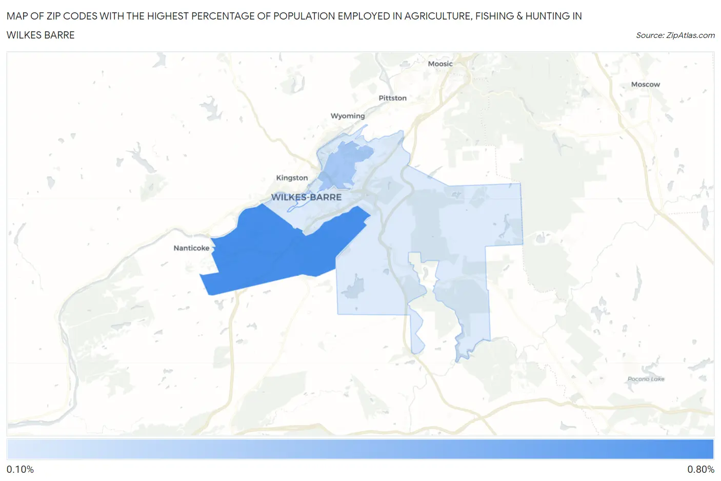 Zip Codes with the Highest Percentage of Population Employed in Agriculture, Fishing & Hunting in Wilkes Barre Map